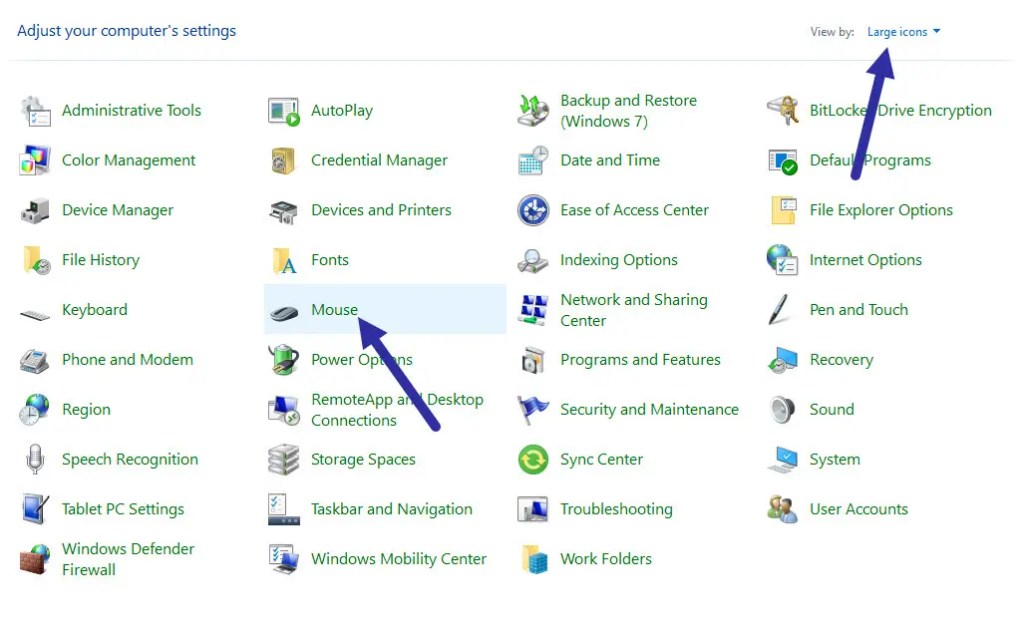コントロールパネルでマウスオプションを開く